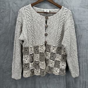 Vintage Tivoli Cardigan Granny Square Sweater Womens Small Beige Chunky Grandma
